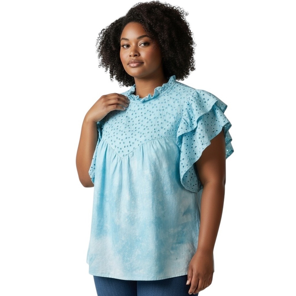 A New Day Small Top Handmade Blue‎ Tie Dye Eyelet Ruffle Peasant Boho 489